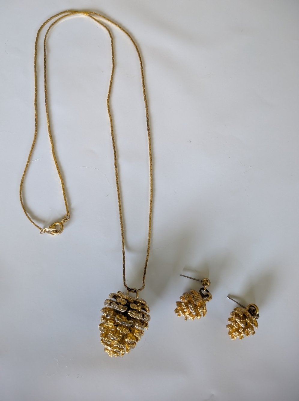 Gold Pinecone Pendant Necklace and Earrings Set
